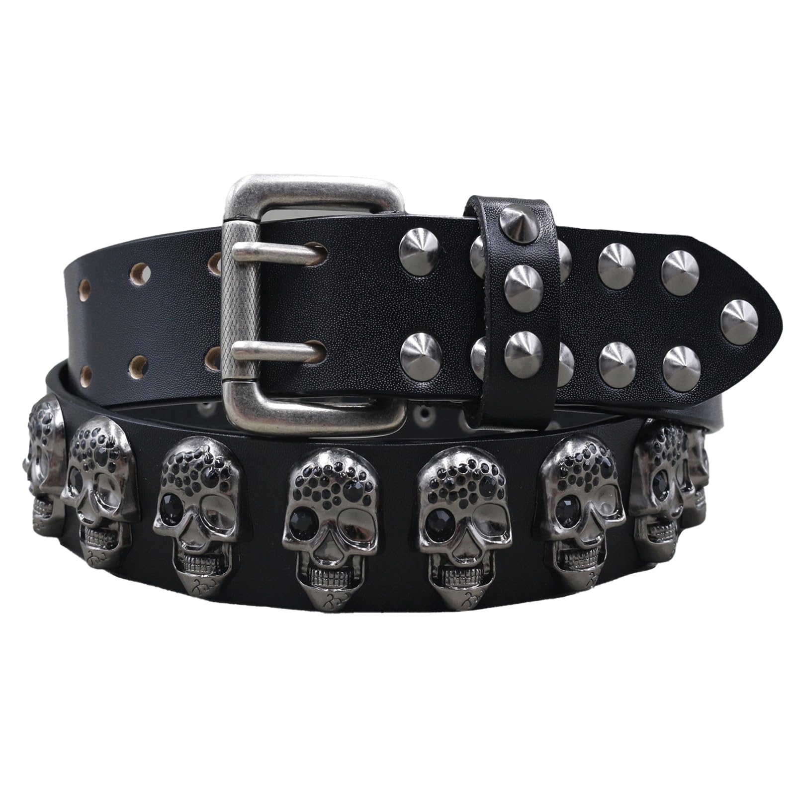 Surrycee Black,105cm(34"~36"), Men Women Skull Studded Belt Punk Rock Gothic Rivet Belt Genuine Leather Belt for Jeans Pants Hip Hop Style - 3.8cm Wide