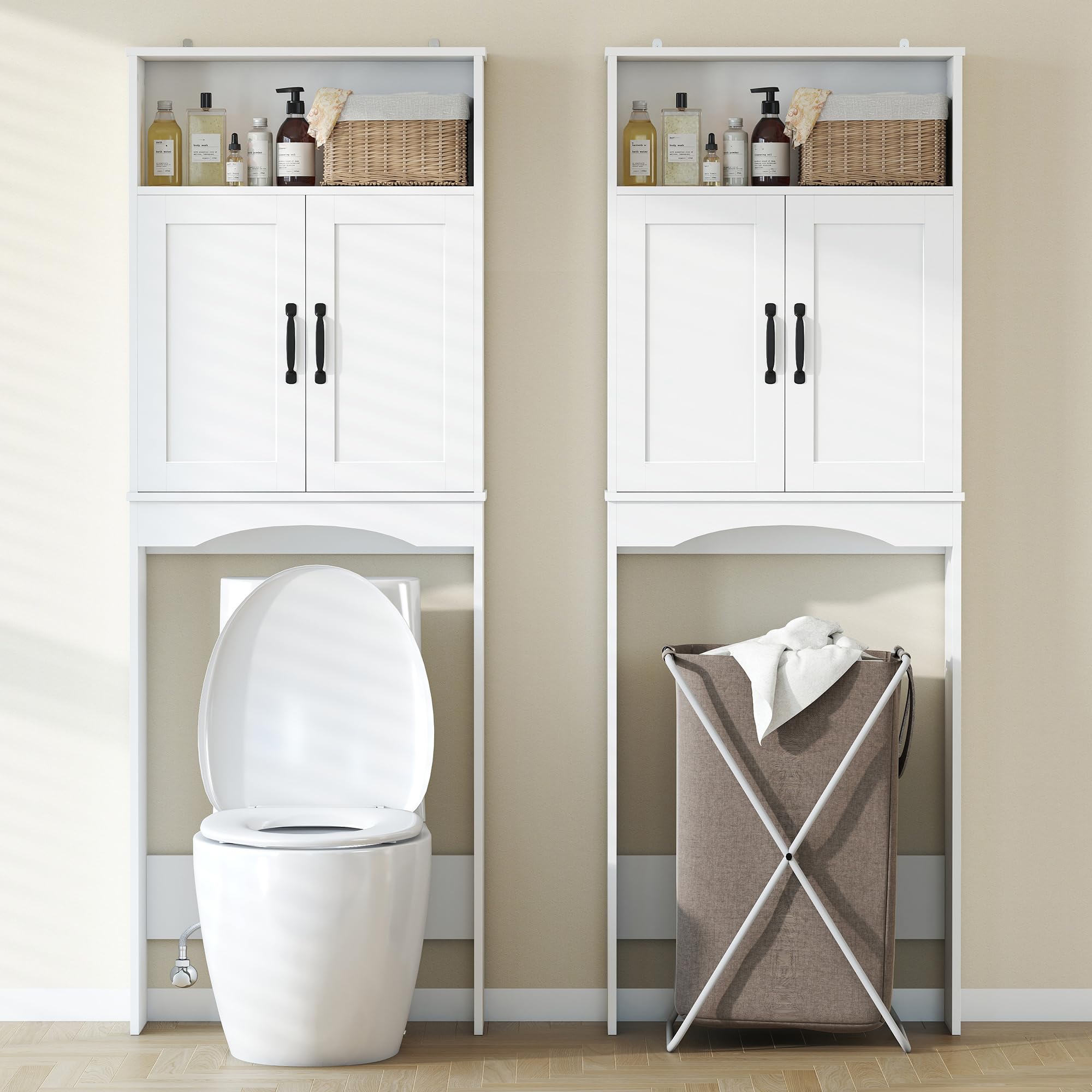HOMCOM Mueble sobre Inodoro, Armario sobre Inodoro, Mueble de Baño con 2 Puertas de Cierre Silencioso, Estante Abierto para Lavanderías, Espacios Pequeños, 64x21x173,5 cm, Blanco