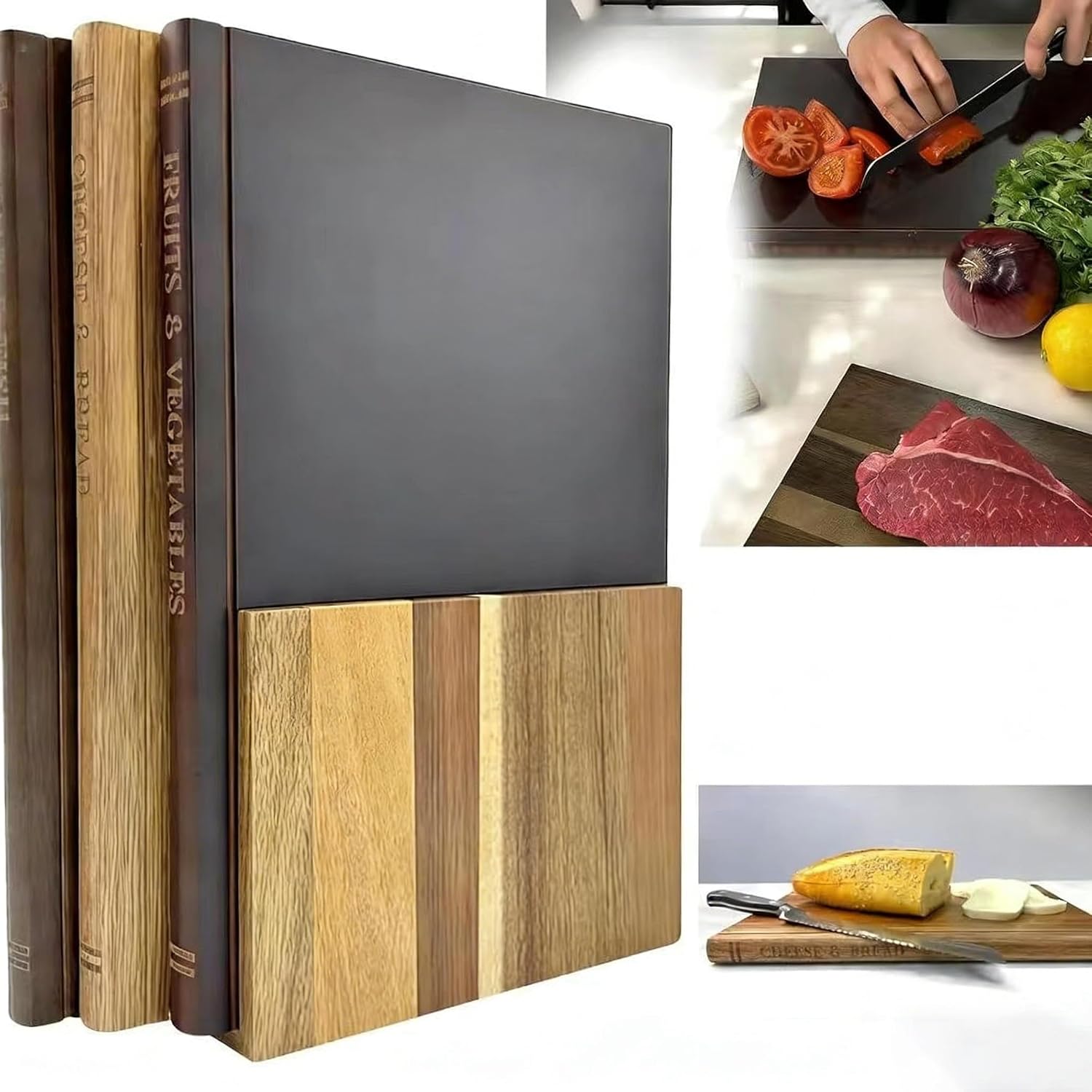 2026 Upgraded Book Cutting Board Set Of 3 With Stand, Wooden Kitchen Chopping Boards with Stand, Cutting Boards That Look Like Books, For Cooking Chef Fruits Meat
