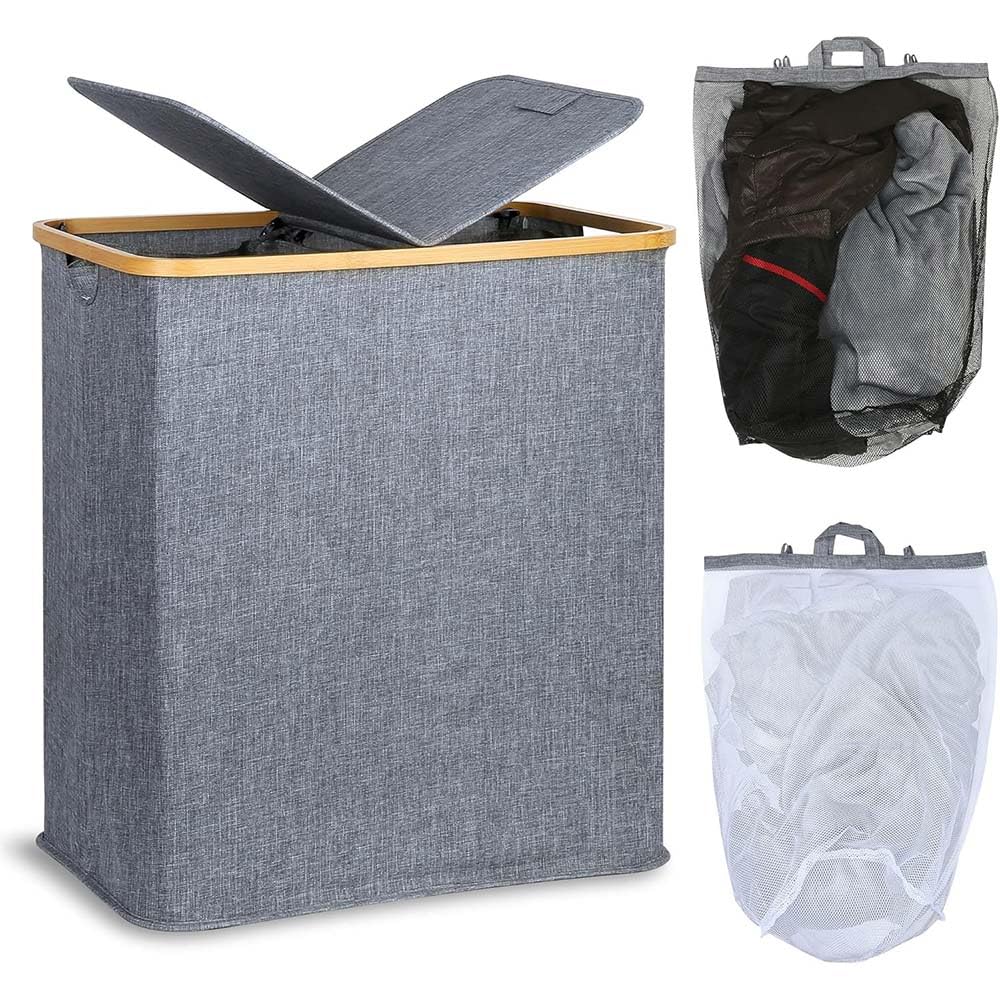 Blendra Deep Grey Collapsible Laundry Basket 2 Compartments With Lid, 140L Double Laundry Hamper, Removable Inner Bags, Bamboo Poles, For Bedroom Bathroom Laundry Room (Deep Grey)