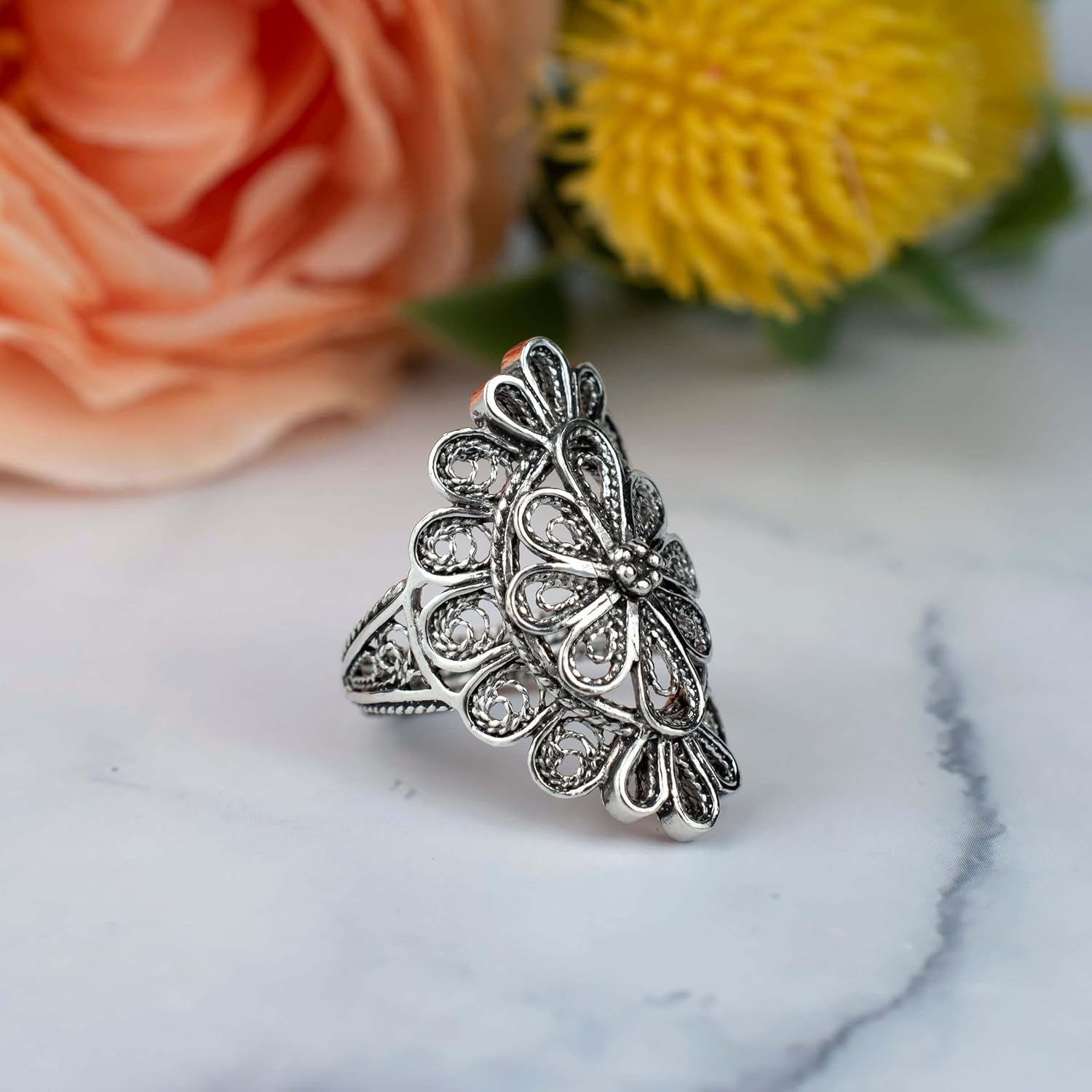 Filigranist 925 Sterling Silver Filigree Art Lace Embroidery Detailed Women Long Statement Ring