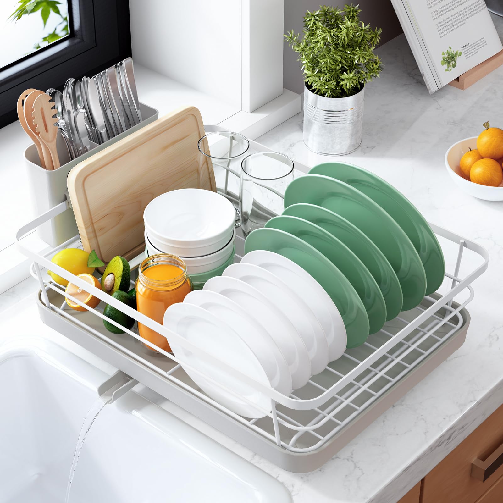 Kitsure Dish Drying Rack- Space-Saving Dish Rack, Dish Racks for Kitchen Counter, Stainless Steel Kitchen Drying Rack with a Cutlery Holder, Large, Light Grey