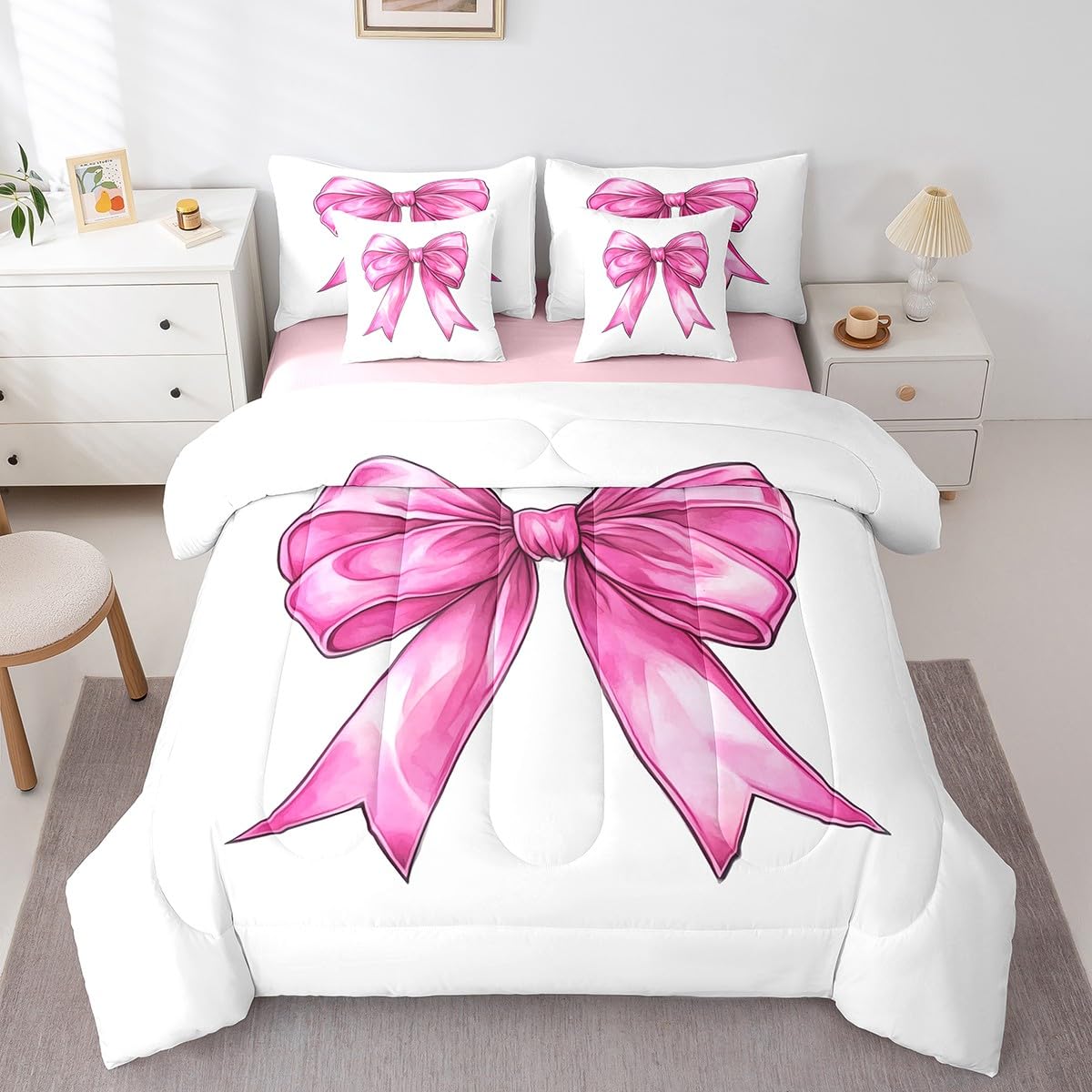 Erosebridal Cute Kawaii Bow Bed in A Bag Pink Ribbon Bow Bedding Set for Kids Girls Teen Women,Watercolor Bowknot Twin Comforter Set 7 Piece Rose Pink Princess Style Sheet Set with Comforter