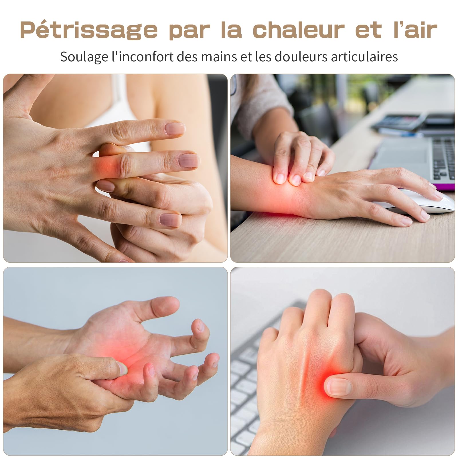 Masseur Électrique pour les Mains, Chauffage et Fonction de Pression Airbag, 3 Modes, 5 Intensités, Cadeau pour les Hommes et les Femmes, Soulage la Fatigue des Mains