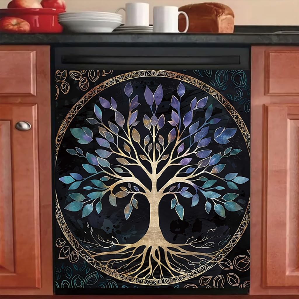 2D Flat Dishwasher Magnet Cover 23x26 Inch Tree of Life Stained Glass Style Kitchen Appliance Front Decorative Panel Removable Fridge Sticker Spiritual Nature Home Decor image 5