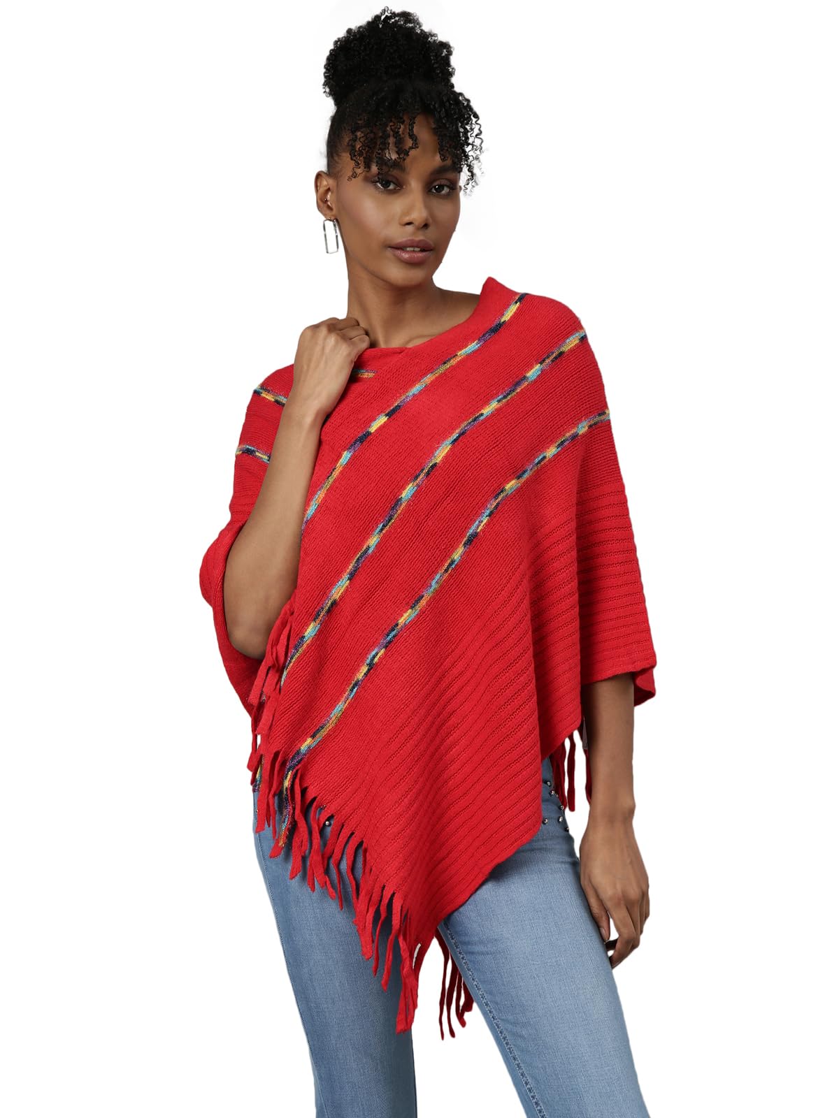 Women's Striped V-Neck Three-Quarter Sleeves Red Longline Poncho-CHN-9991_Red-image-20