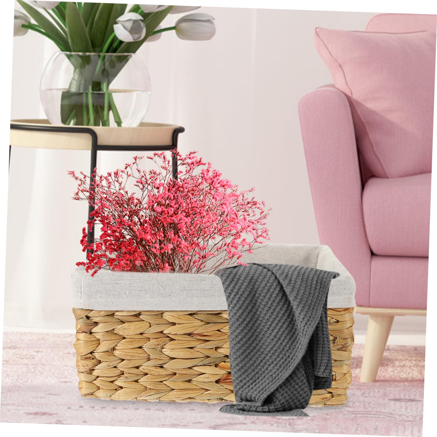 Cesta de Almacenamiento de Fibra Natural con Forro de Lino, Rectangular