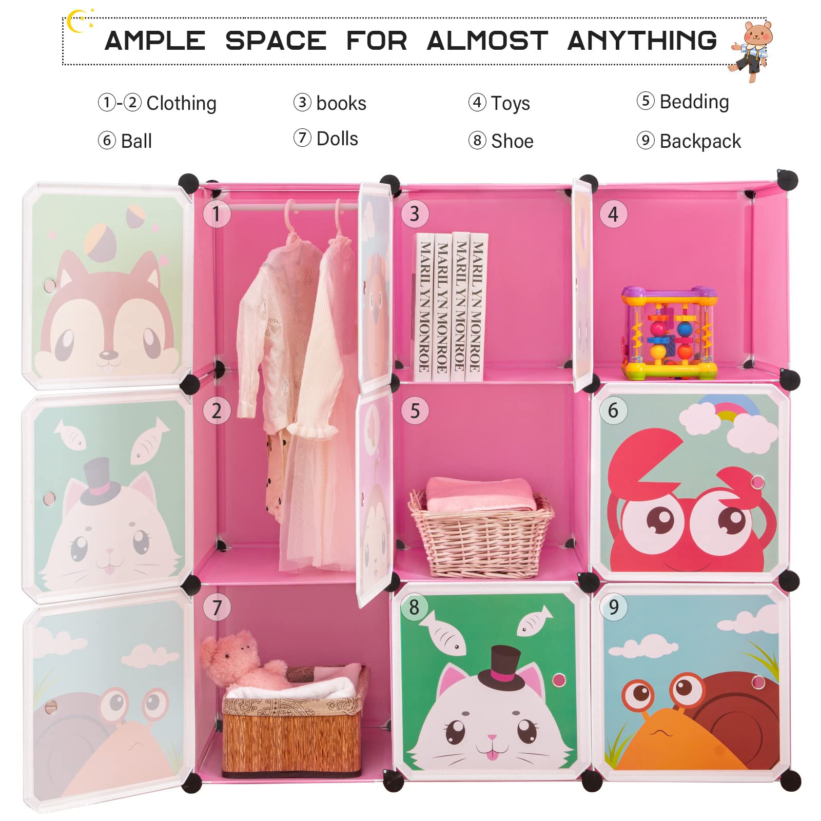 BRIAN & DANY Meuble Rangement Enfant avec Motifs d'animaux, Support de Rangement, Armoires Etagères Plastiques, Armoire de Rangement Bricolage (Rose, 110 x 47 x 110 cm)