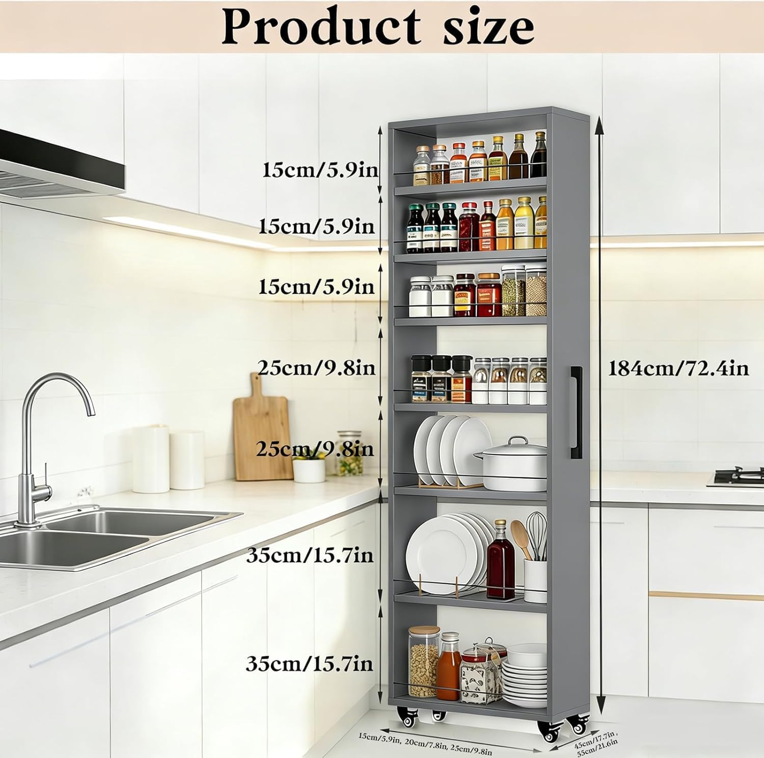 7-Tier Rolling Spice Rack Organizer - Slim Wooden Storage Cabinet On Wheels for Kitchen - Light Walnut, Perfect Narrow Shelf Next to Fridge, W6×d22×h72 Dark Gray W8× D18× H72