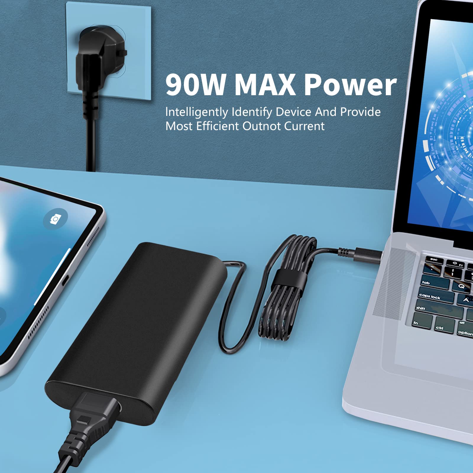 90W 65W USB C Chargeur Pour HP Spectre X360 13 14 15 EliteBook, ProBook, Envy X360 14 15 16 17 2-in-1,ZBook Firefly,Elite Dragonfly, C640 C645 Fortis Chromebook, Pavilion Plus 14 Ordinateur Portable