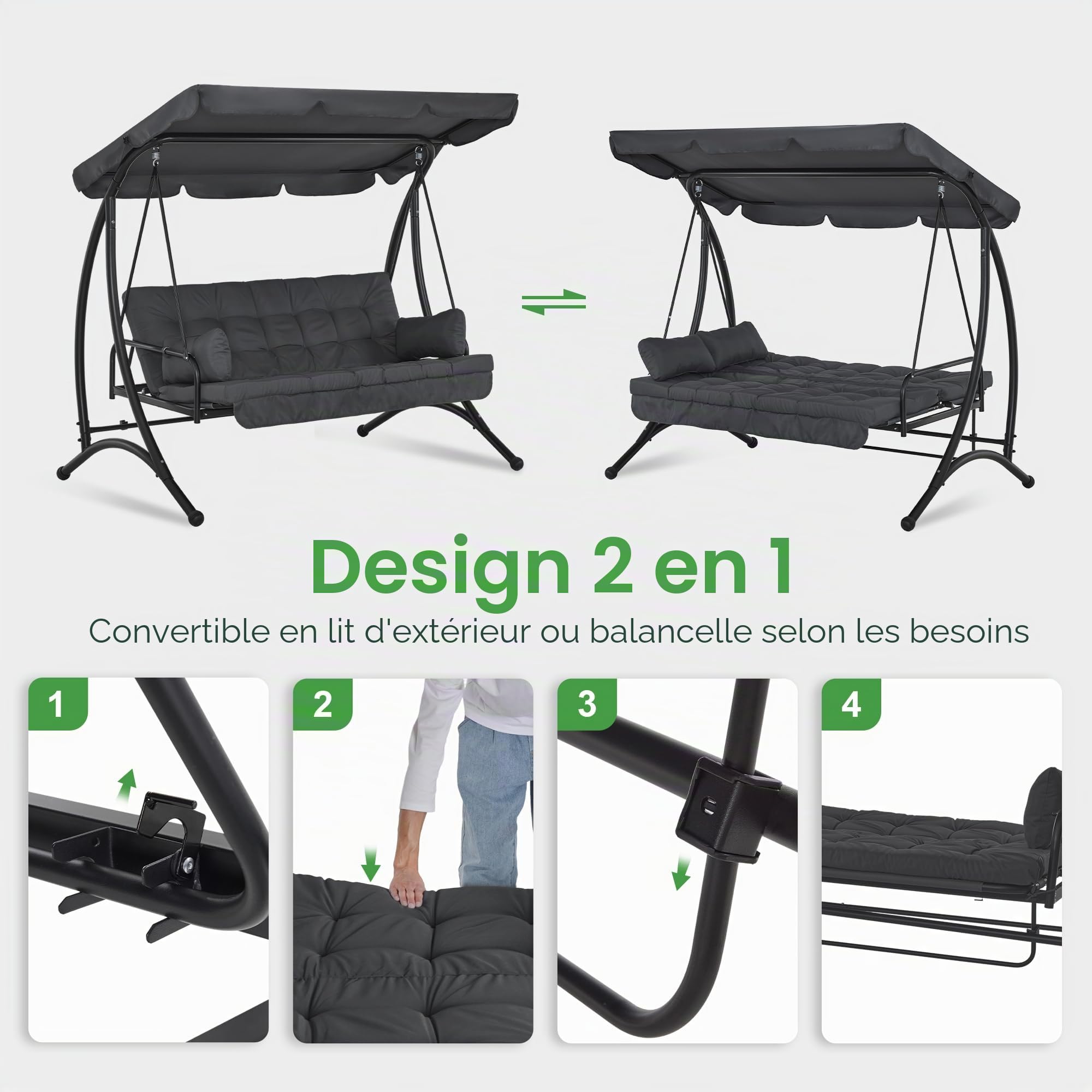 M MCombo balancelle Hollywood 3 Places avec Fonction de lit, avec Coussin d'assise Extra épais et Toit Solaire, balançoire de Jardin pouvant Supporter jusqu'à 300 kg, 202x125x173 cm 4095 (Gris)