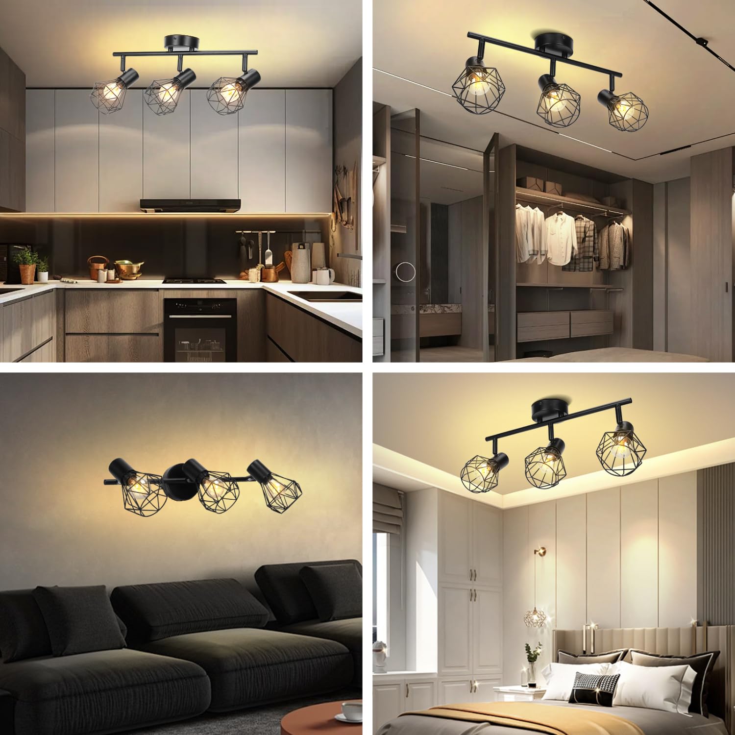 Aigostar LED Deckenstrahler Schwenkbar, Deckenleuchte E14 3 Flammig Schwarz, Spotleuchte Wand, Deckenlampe Spots Led, Wandstrahler für Küche, Wohnzimmer, Schlafzimmer, Ohne Leuchtmittel, 2 Stück