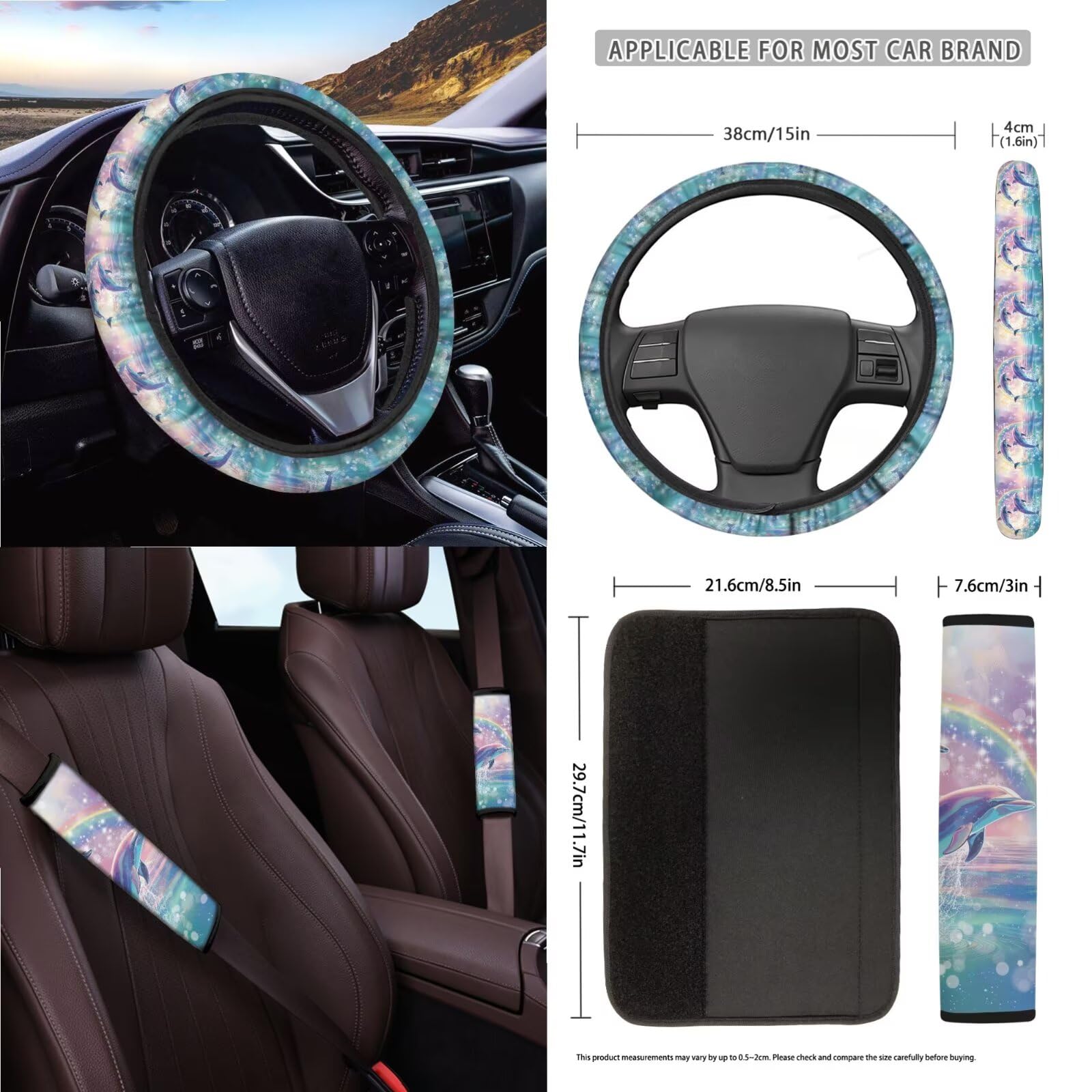 Set di coprisedili e coprivolante per auto con stampa delfino, con cuscinetti per cintura di sicurezza, copertura interna per specchietto retrovisore, borsa per la ventilazione dell'auto