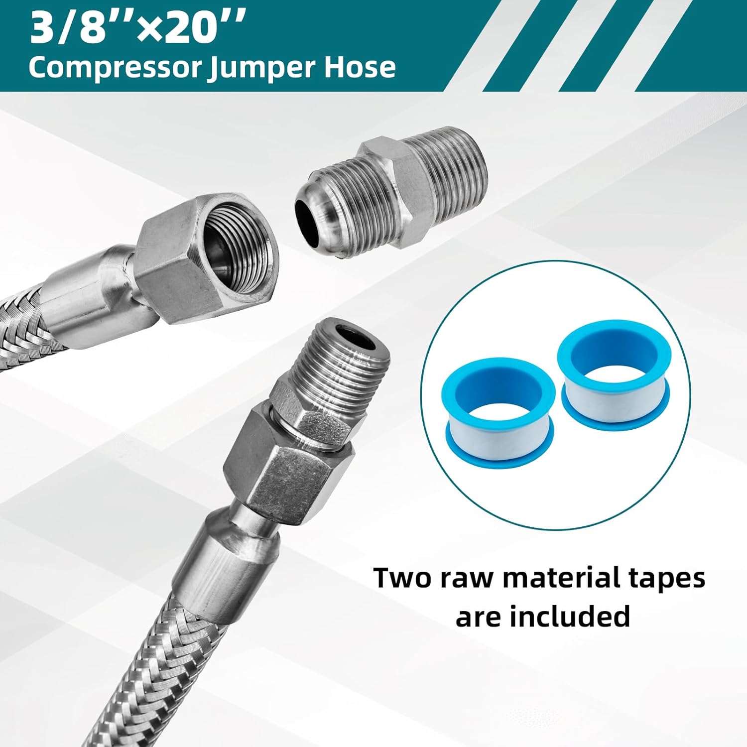 Compressor Jumper Hose, 3/8" NPT Male Tube, 20" Length, 450 PSI, 750°F, Freely Rotating Stainless Steel Metal Hose with Connectors on Both Ends