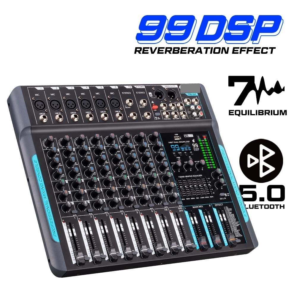 Mezclador de audio profesional DP-10, controlador DJ, mezclador de grabación de reverberación DSP 99 de 10 canales