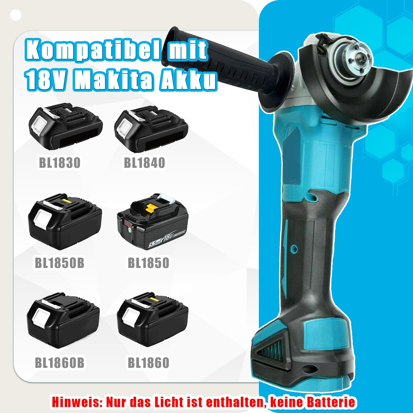 Akku Winkelschleifer Set mit 2×5500mAh Akku & Ladegerät und 14 Zubehörteile, 125mm Akku Flex für 18V Makita Akkus, Bürstenlon Trennschleifer Zum Schneiden, Schleifen, Polieren (10000 U/min)