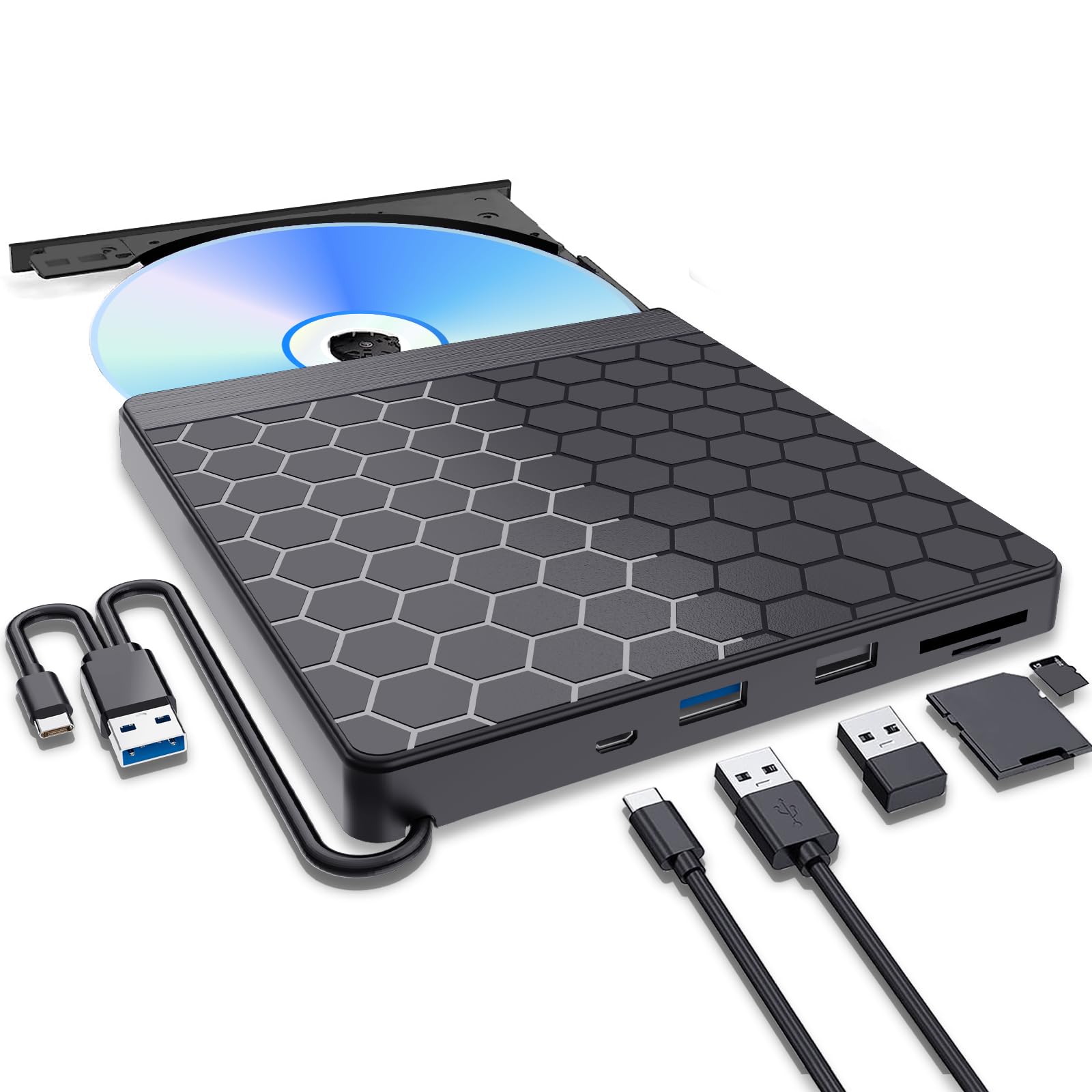 Zewnętrzny napęd DVD, zewnętrzny napęd CD USB 3.0 typu C, przenośny czytnik nagrywarek CD/DVD ze slotem SD/TF i 2 portami USB, napęd optyczny DVD do laptopa PC Mac OS MacBook Windows 11/10/8.1/7/Linux