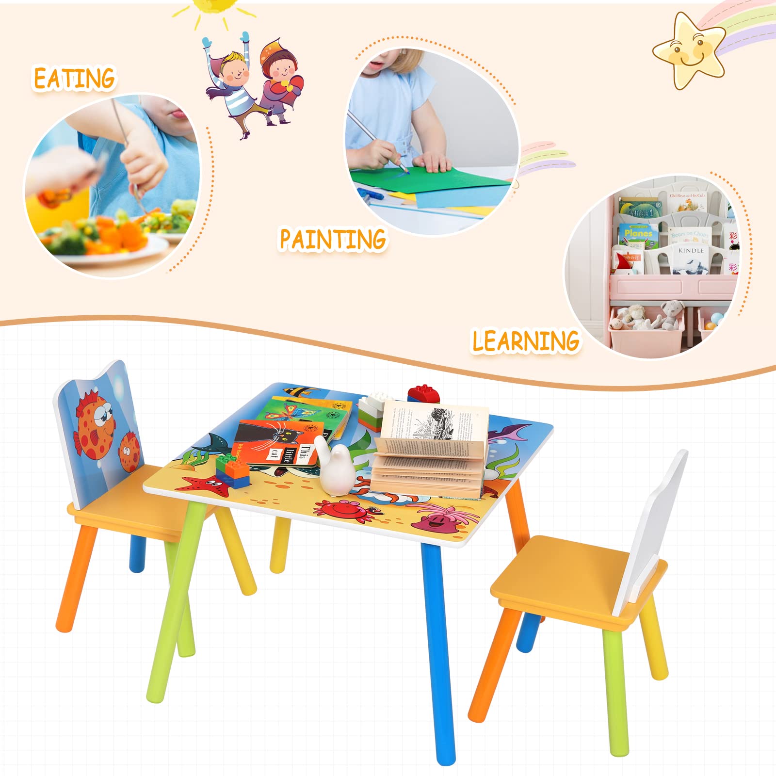 WOLTU Kindertisch mit 2 Stühlen, Tisch und Stühle Set für Kinder, abgerundete Ecken sicher, Kindersitzgruppe mit Meer-Motiv für Vorschüler Kinderzimmer Kindergarten