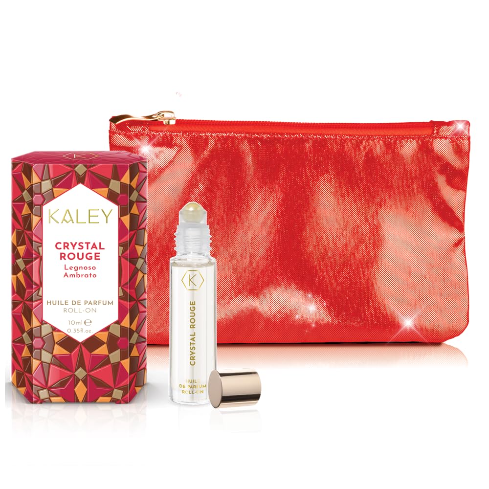 KALEY | Crystal Rouge Confezione Regalo, Profumo in Olio Roll-On, Fragranza Legnosa e Ambrata Intensa, con Pochette Deluxe Glitter, 10 ml, Made in Italy