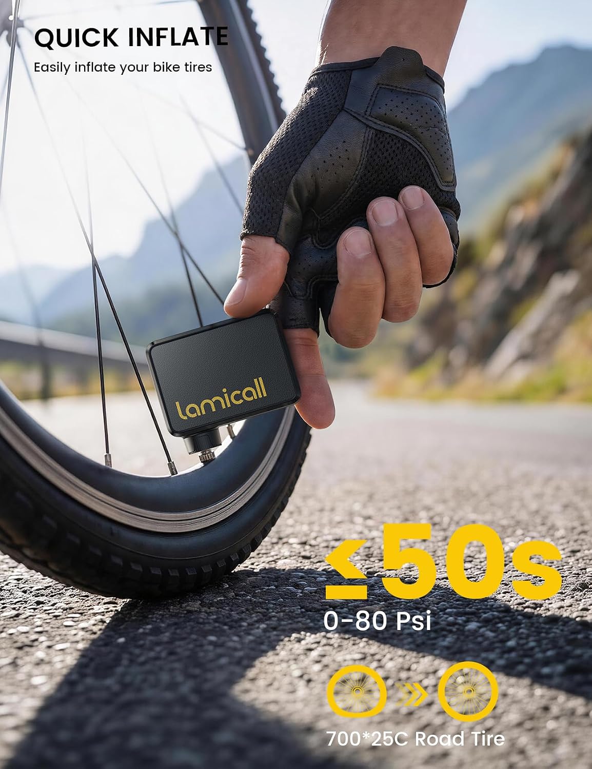 Lamicall mini bike pump actively inflating a bicycle tire, showing the hose connected to the valve.