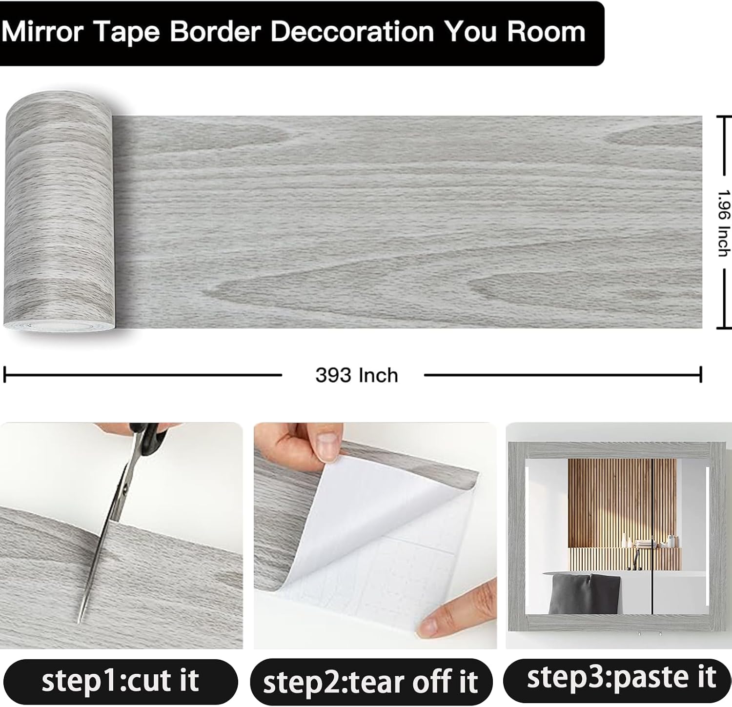 10M Mirror Border Peel and Stick, Wood Grain Wallpaper Border Mirror Tape image 5