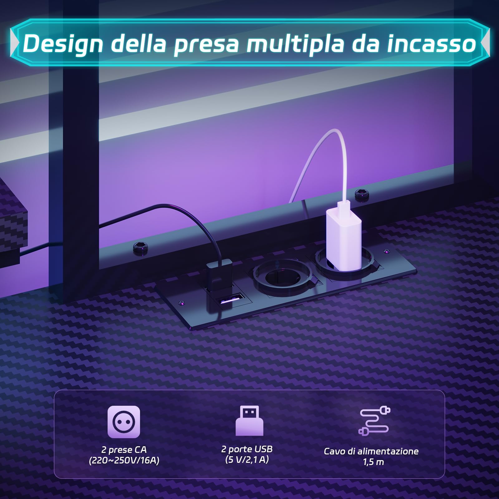 Devoko Scrivania Gaming Angolare 115x90 cm LED/Presa Nero | Struttura a L con mensola, griglia, 3 cassetti e supporto monitor per giocatori