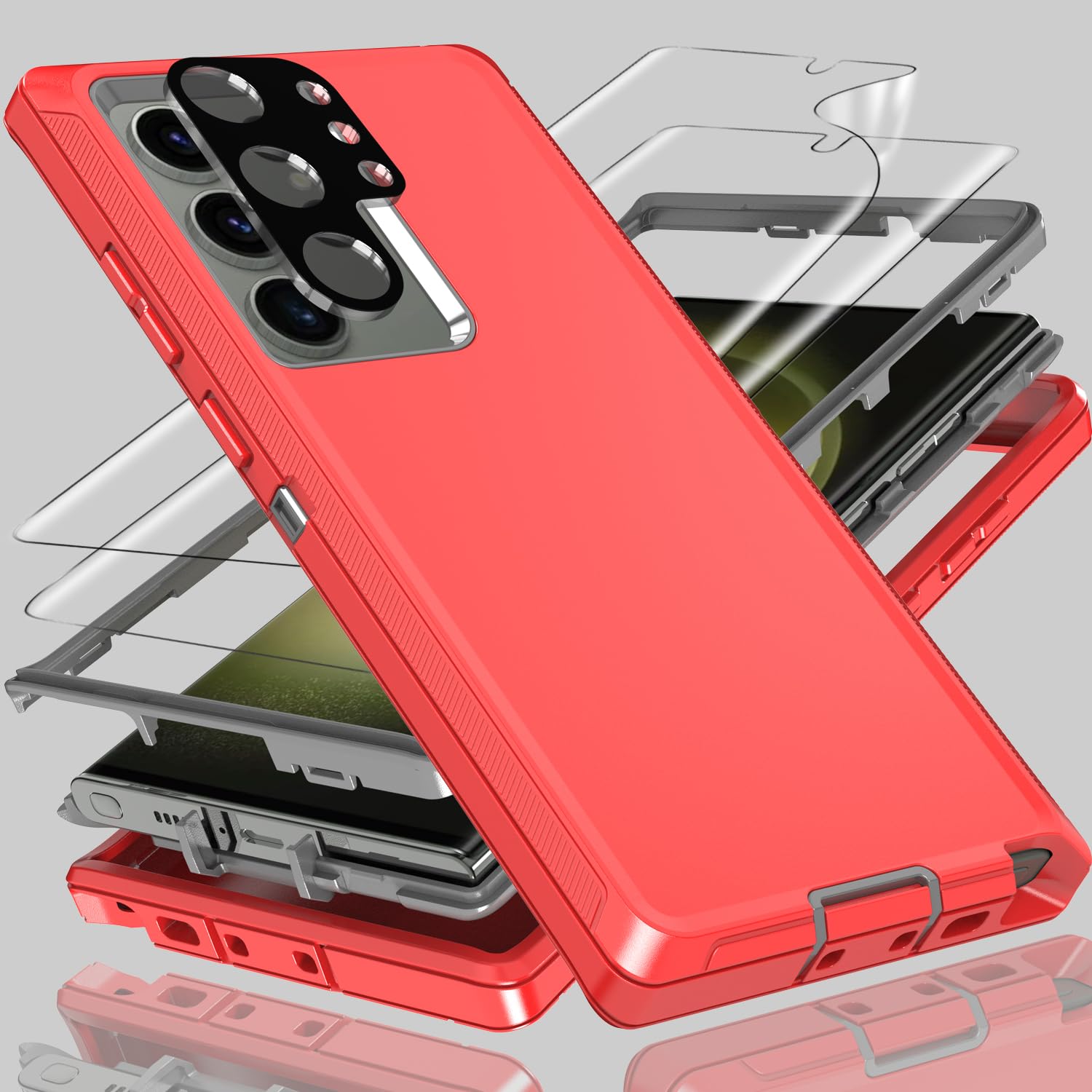 Coque Samsung S23 Ultra rouge et gris avec protections d'écran et d'objectif intégrées
