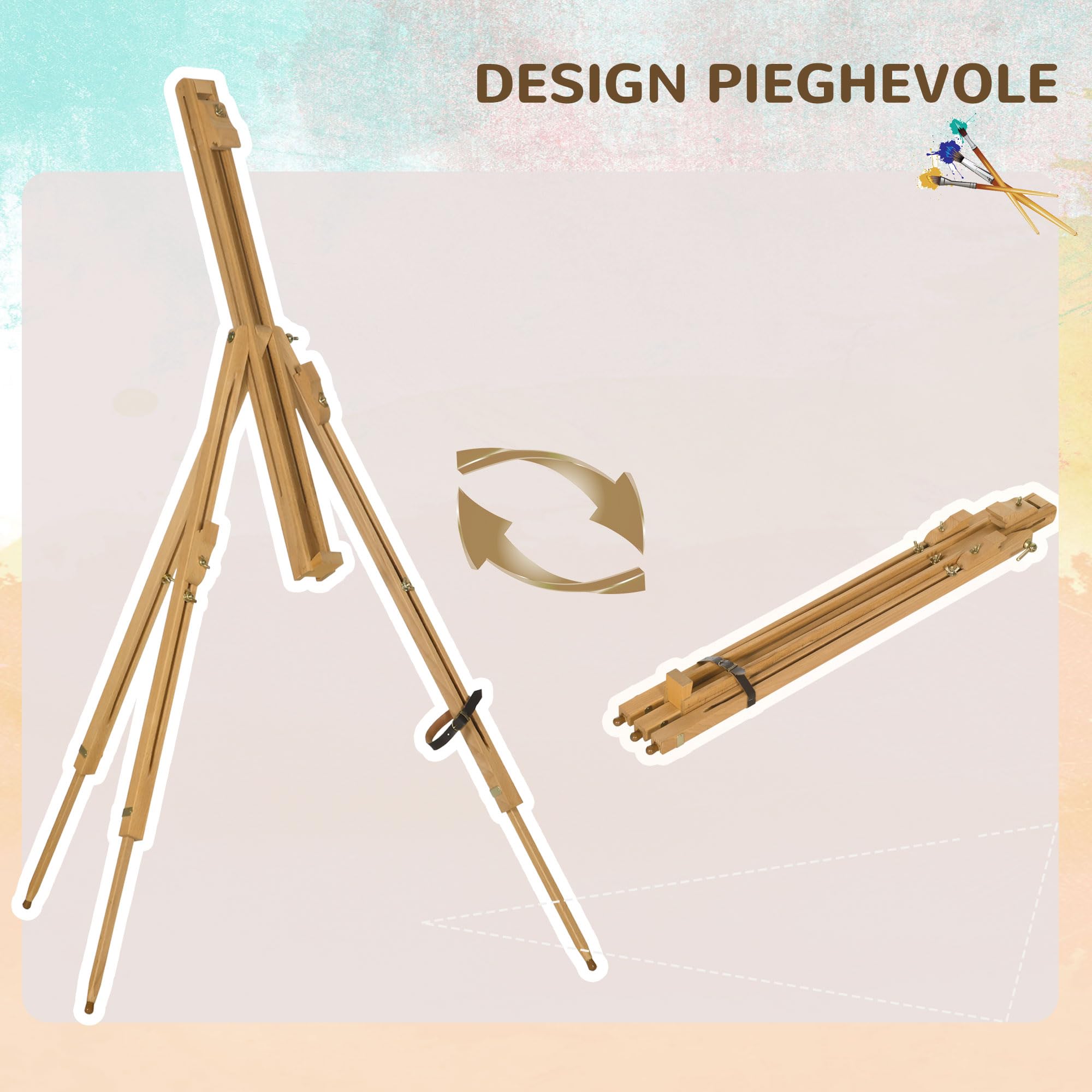 Vinsetto Cavalletto per Pittura Pieghevole in Legno di Faggio, Cavalletto Dipingere con Angolazione e Altezza Regolabile, 93x84x183 cm, Color Legno