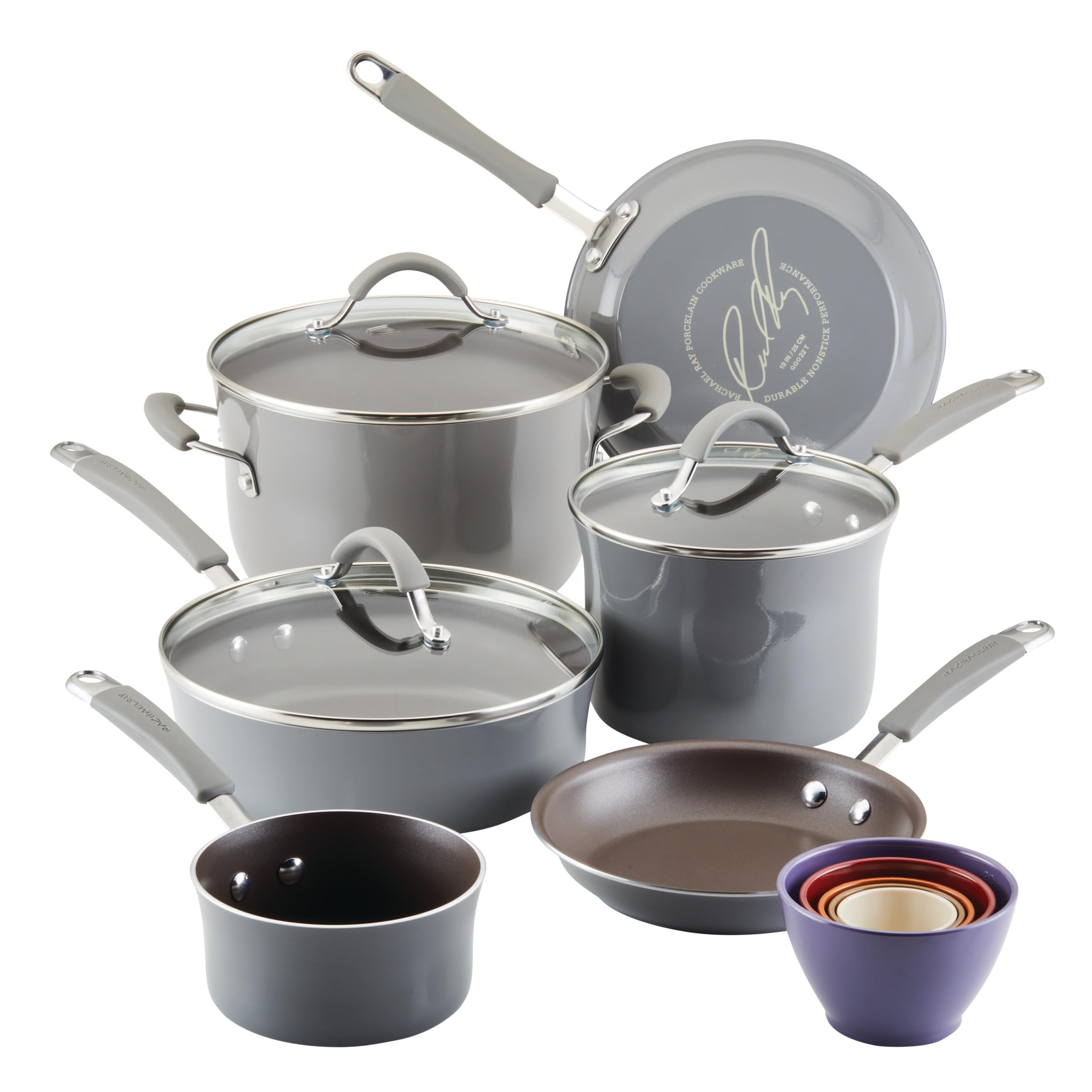 Rachael Ray Cucina Nonstick Cookware Pots and Pans with Glass Lids and Nesting Measuring Cups, 14 Piece - Sea Salt Gray