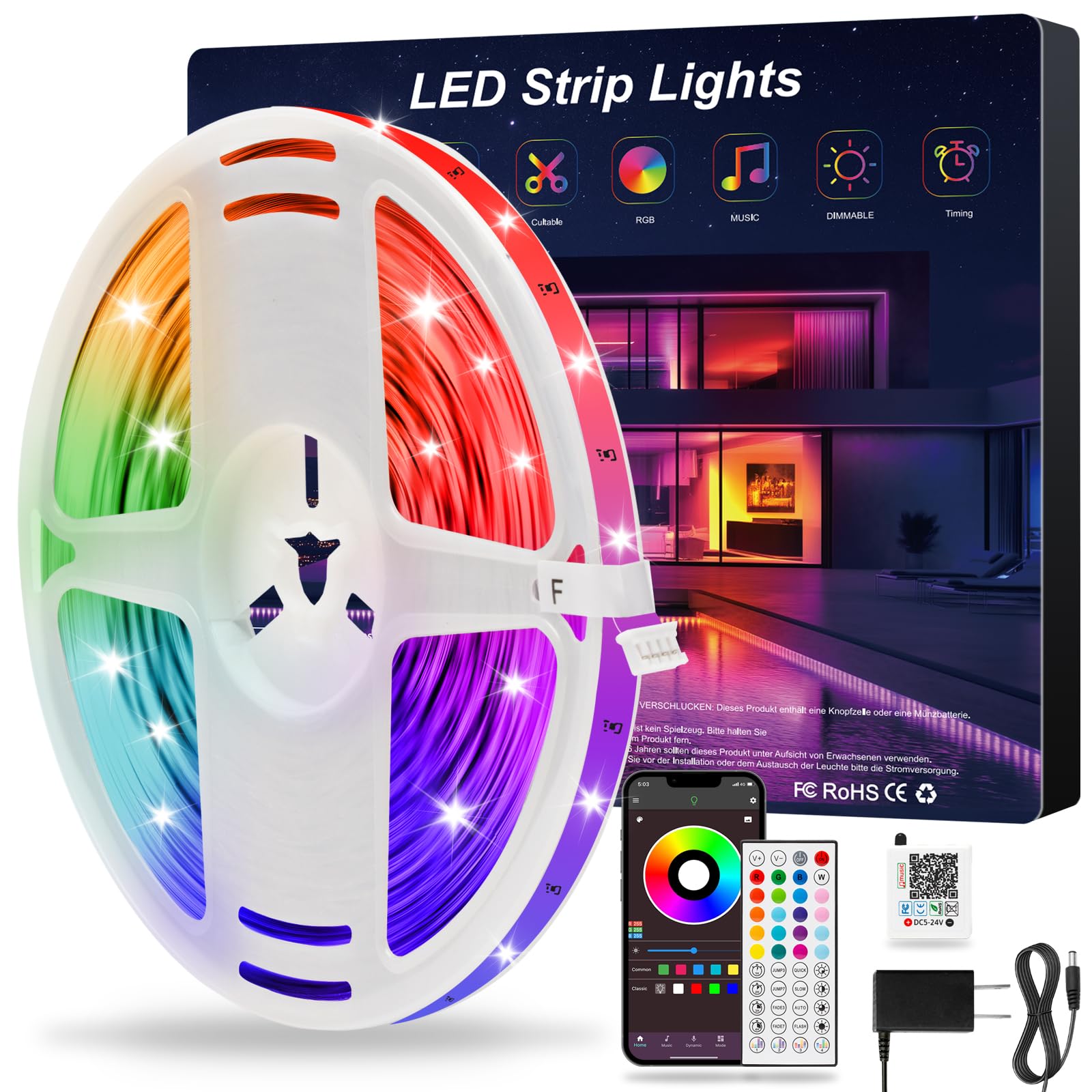 ATBAOXO LED Strip Lights, 16.5 ft Music Sync Smart RGB LED Lights, Color Changing with App and IR Remote Control, Perfect for Christmas, Parties, Celebrations, and Home Decorations