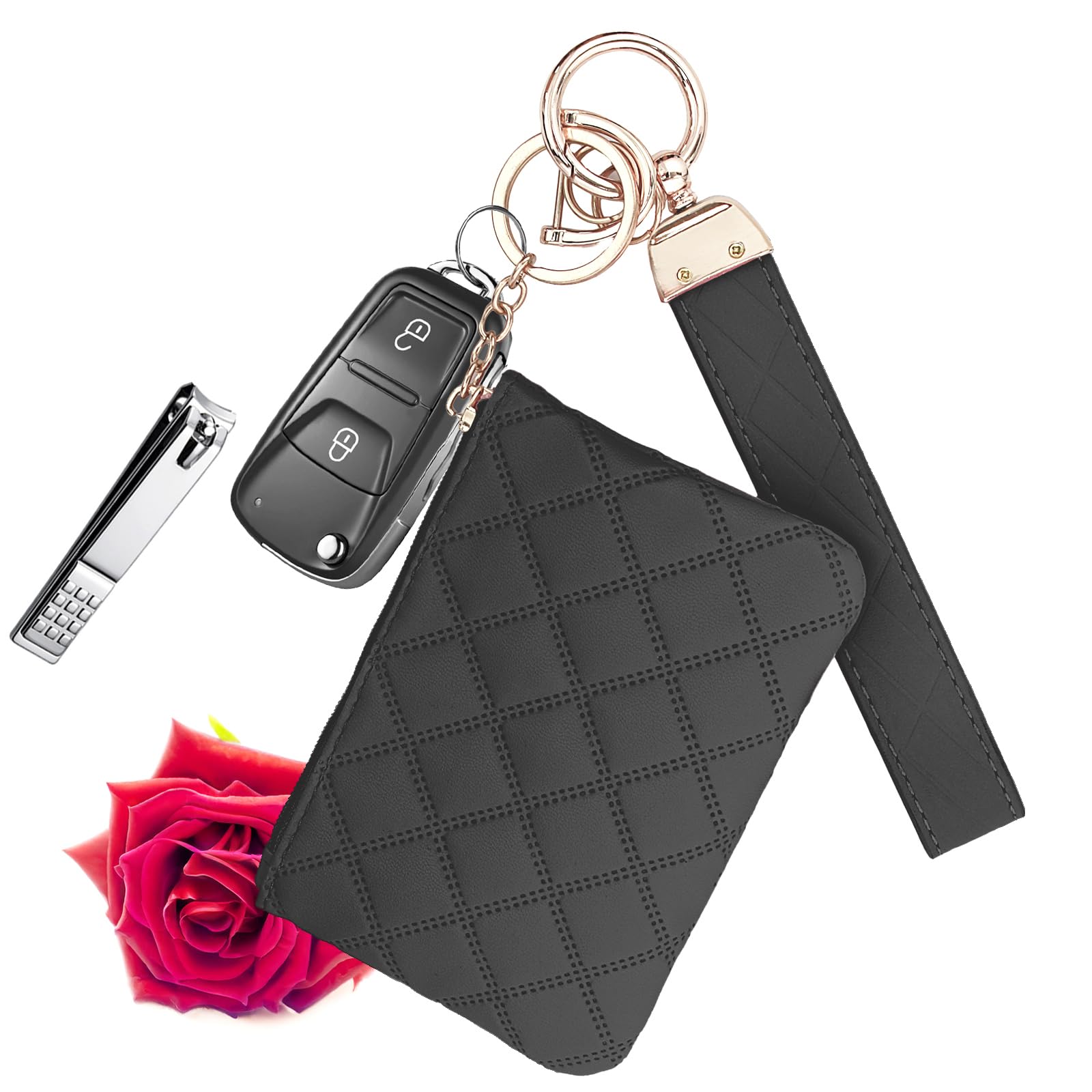 GuanBoXin Wristlet Bracelet Keychain, Mini Zip Around Wristlet Wallet for Women, Key Ring Wallet, Portable Coin Purse Zipper, Gifts for Women Mom Girl Friend Sister Black