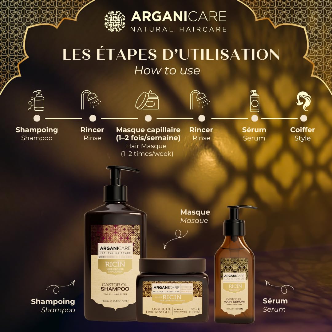 ARGANICARE Coffret Ricin Bio Shampoing 400 ml + Masque Réparateur XXL 500 ml + Sérum 100 ml, routine 3-en-1 accélérateur de croissance, apaise le cuir chevelu, nourrit et renforce