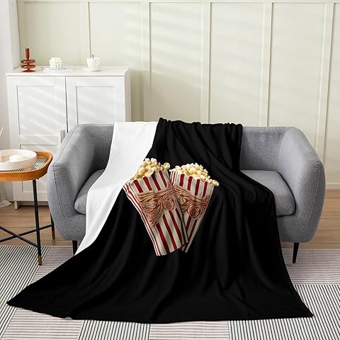 Erosebridal Popcorn Blanket Throw 50x60 Inch Red White Paper Striped Bucket Throw Blanket Dark Black Cinema Movie Film Theme Fleece Blanket for Couple Lovers Adults Romantic Movie Flannel Blanket
