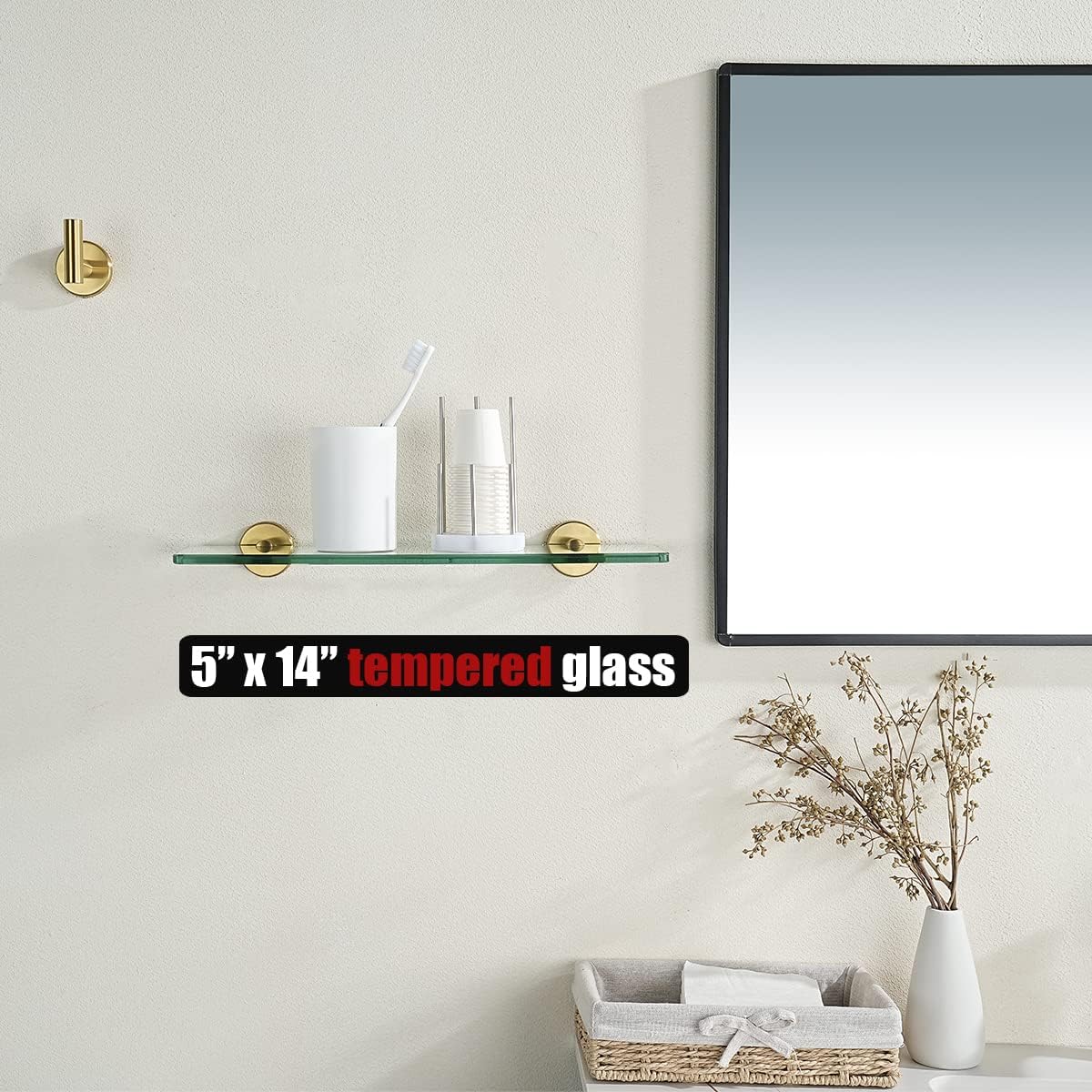 JQK Bathroom Glass Shelf Gold, Tempered Glass Shower Storage 14 by 5 inches, 304 Stainless Steel Brushed Gold Wall Mount, TGS101L14-BG