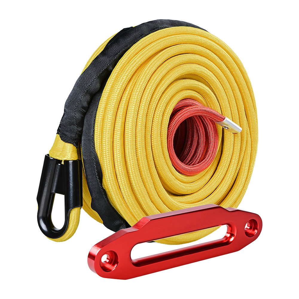 AMOPACORP Yellow 95 feet 3/8 inch Synthetic Winch Rope with All Rock Guard Sheath and Red 10 inch Standard Hawse Fairlead for SUV Pick Up Truck Off-Road