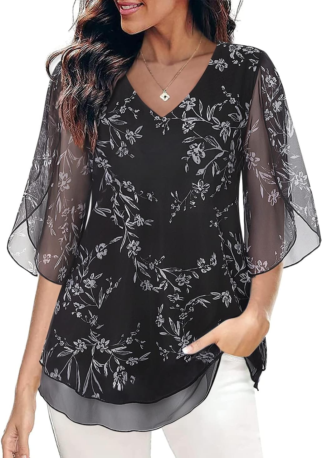 SeSe CodeFlutter Short Sleeve Womens Blouses for Work Professional Business Casual Tops for Women Formal V Neck Shirts 2023 Trendy Mesh Top Black Floral XL