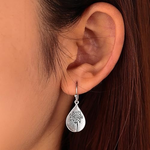 Miniatura 6 de GBAHFY Aretes bohemios de plata con forma de diente de león para mujeres, adolescentes y niñas, diseño de gota de agua, flor de plata, árbol