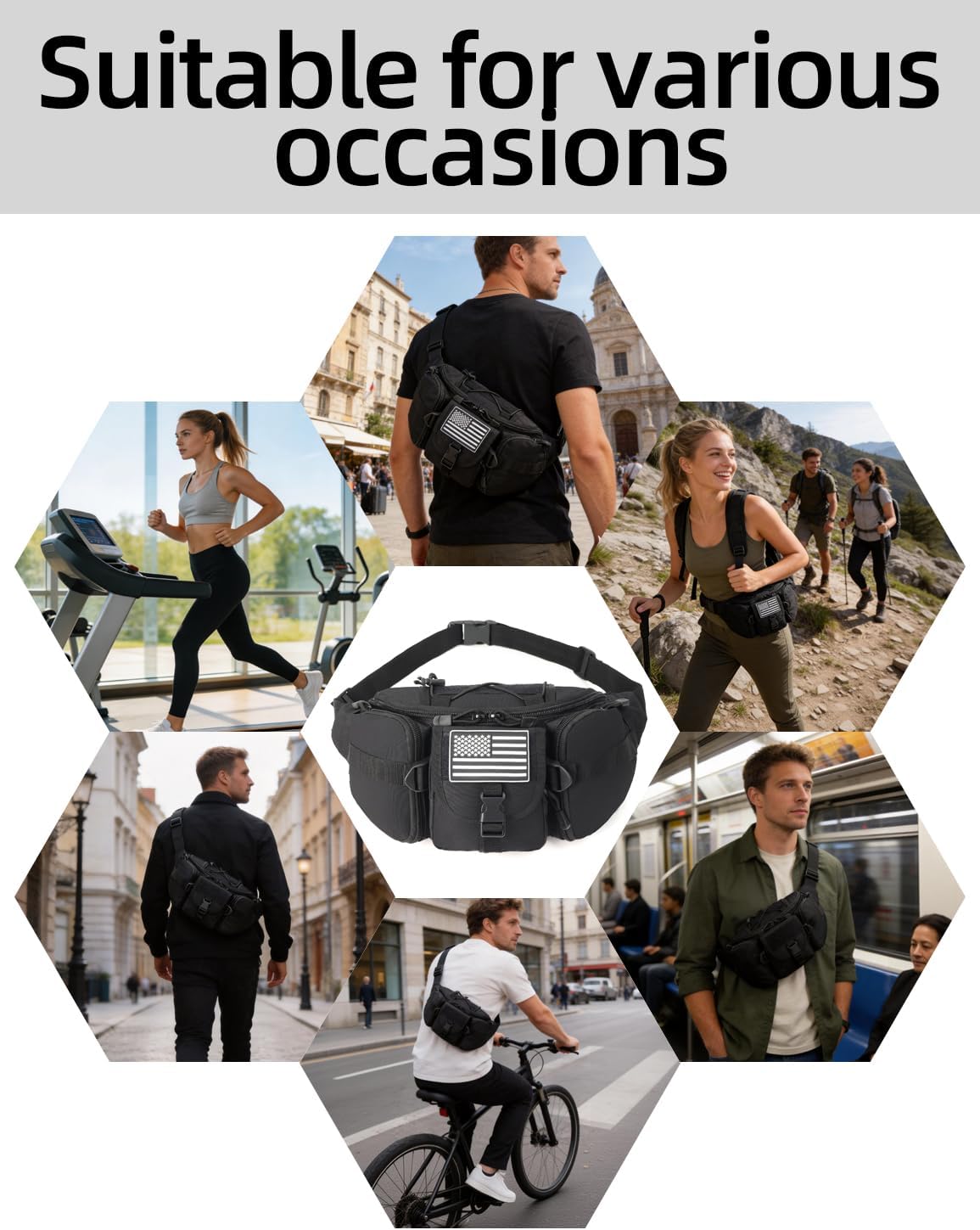 J.SH Tactical Fanny Pack for Men, Military Waist Bag, CCW Sling Bag, Adjustable Waist Strap (27.5–47.2 in), Chest Bag with USA Hook-and-Loop Emblem—Ideal for Cycling, Hiking, and Travel - Black 10L