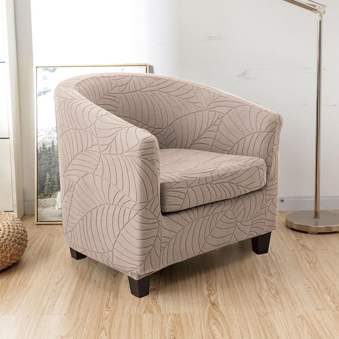 Club Chair Covers Slipcover 2 Piece, Leaf Jacquard Stretch Tub Chair Cover Barrel Chair Covers Soft Armchair Sofa Cover Couch Furniture Protector(2 Pack, Sand)