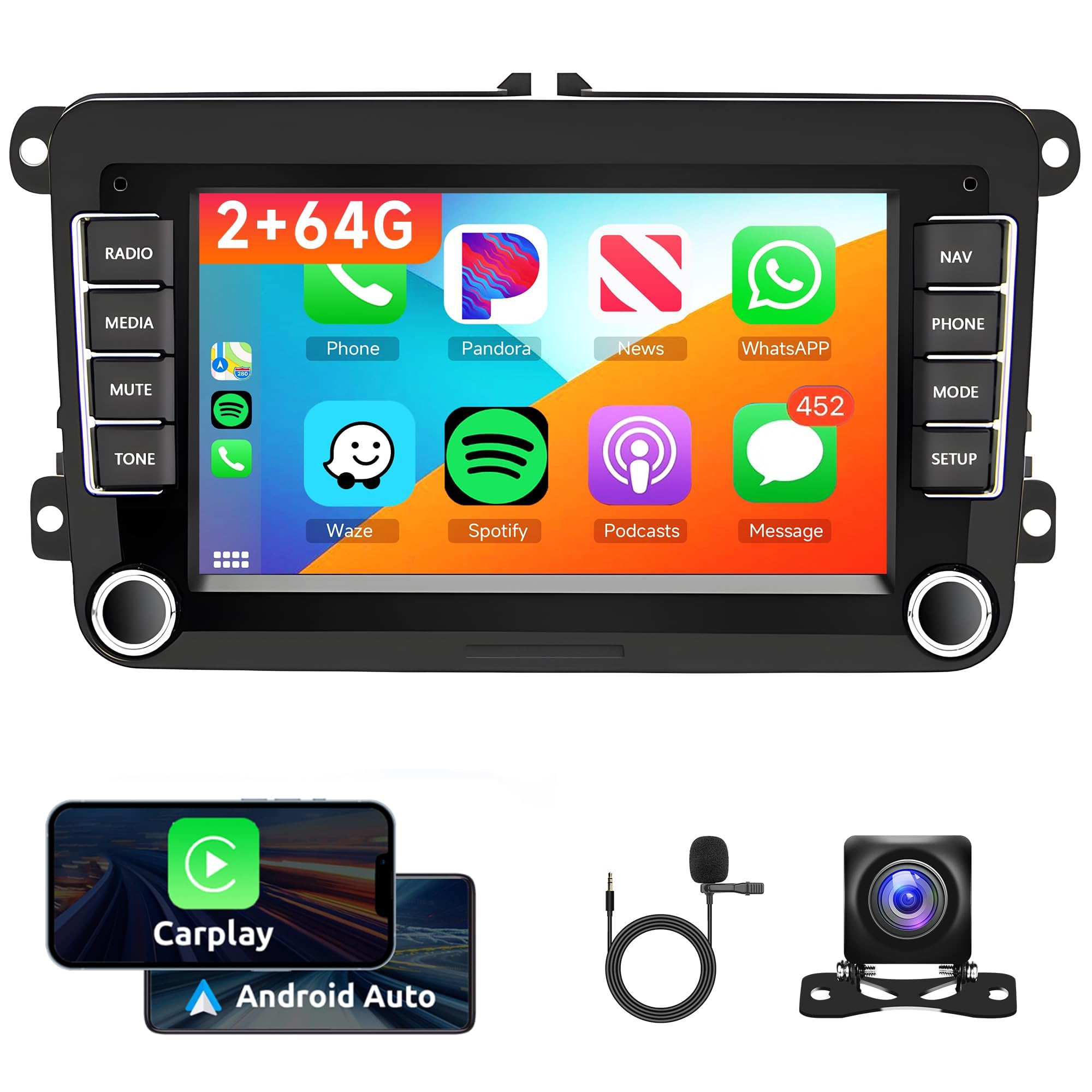 2G 64G Android Car Stereo for VW Jetta Seat Passat Tiguan CC Golf Skoda with Wireless Carplay&Android Auto, 7'' Touch Screen Car Radio with Bluetooth GPS FM RDS HIFI WiFi Backup Camera
