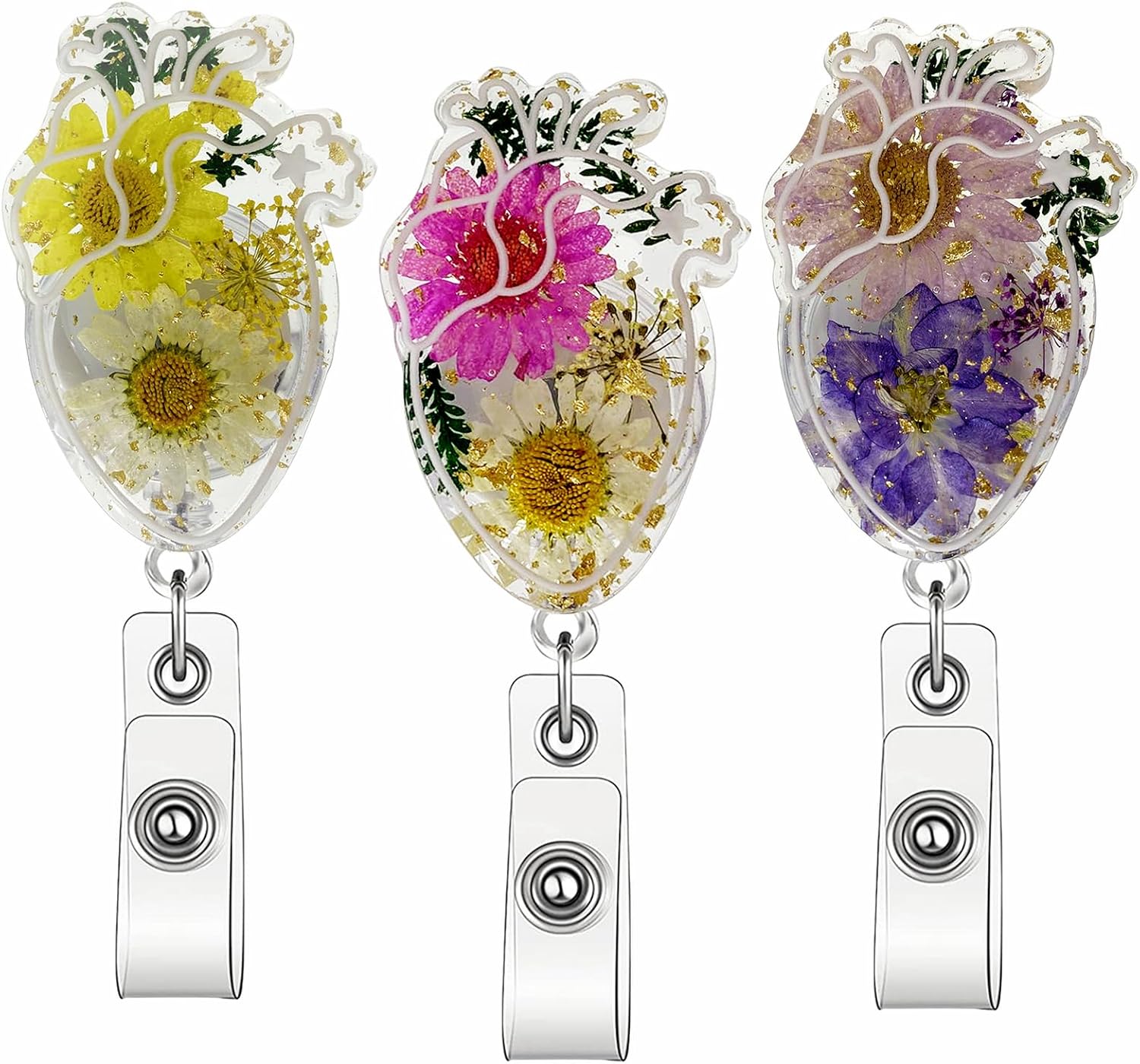 3pcs Flower Badge Reels Retractable, Cute Heart Dried Flower Resin Nurse Badge