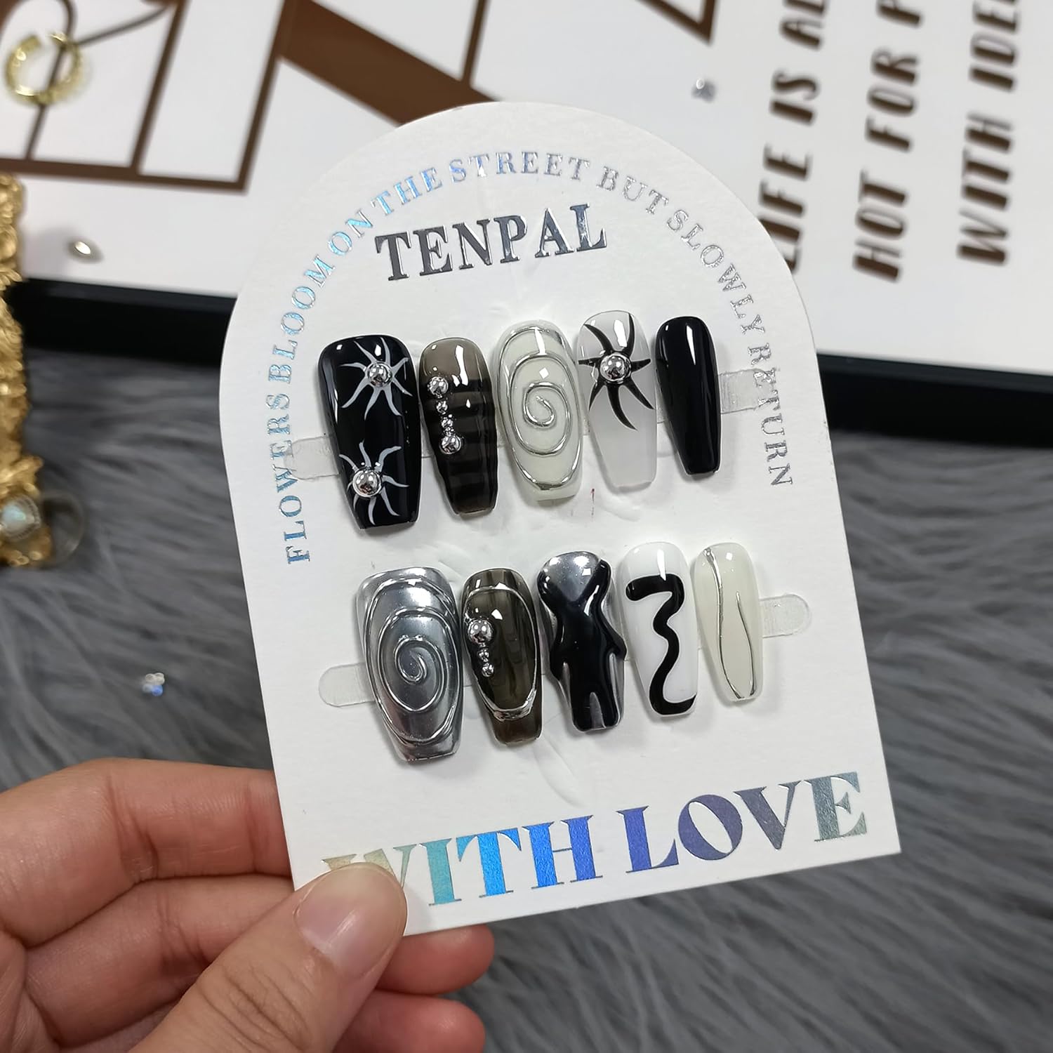 Dark Silver Gothic Press on Nails Long Coffin Shape 3D Embossed Sun Design Fake Nails Hand Painted Art for Women Fall Winter Ins Style(M)