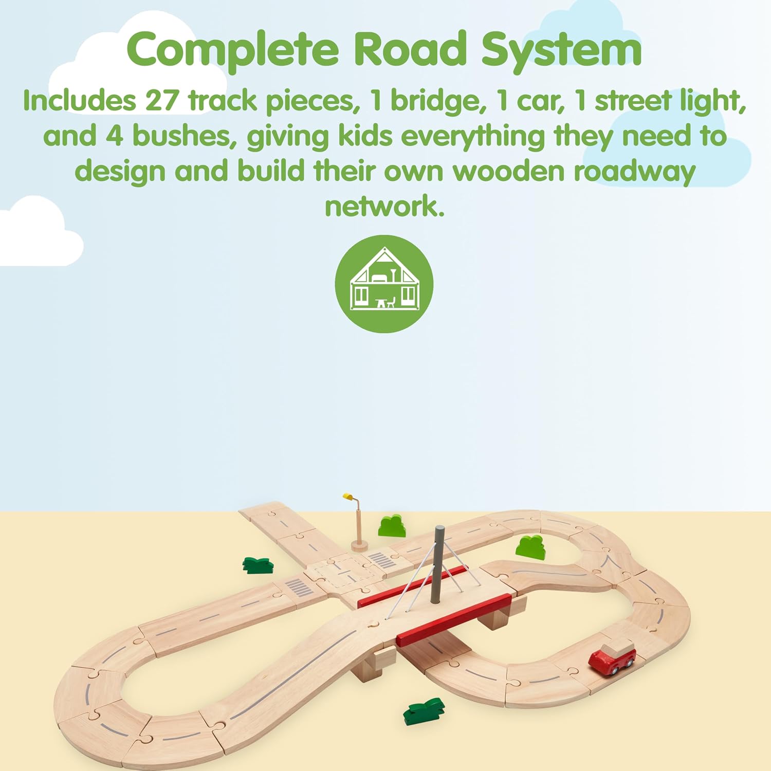 PlanToys® Wooden Road System Play Set | Montessori Imaginative City Building and Transport Play Activity | Eco Friendly Open Ended Road and Track Construction Toy
