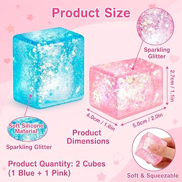 Squishy Cube, Two Cube Squishys in Blue and Pink Colors, Glitter Stress Balls for Adults, Focus Enhancement Tool for Office and Study, Squeeze Toys for Stress & Anxiety Relief Fidgets