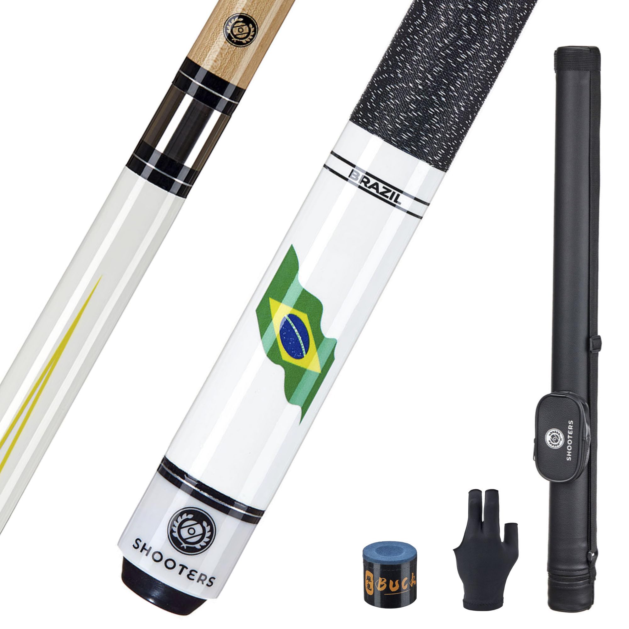 SHOOTERS Billiard Pool Cue Stick 2-Piece 58” Fast Joint Maple Wood with Brazil Flag (19-21 Oz) (20, Ounces)