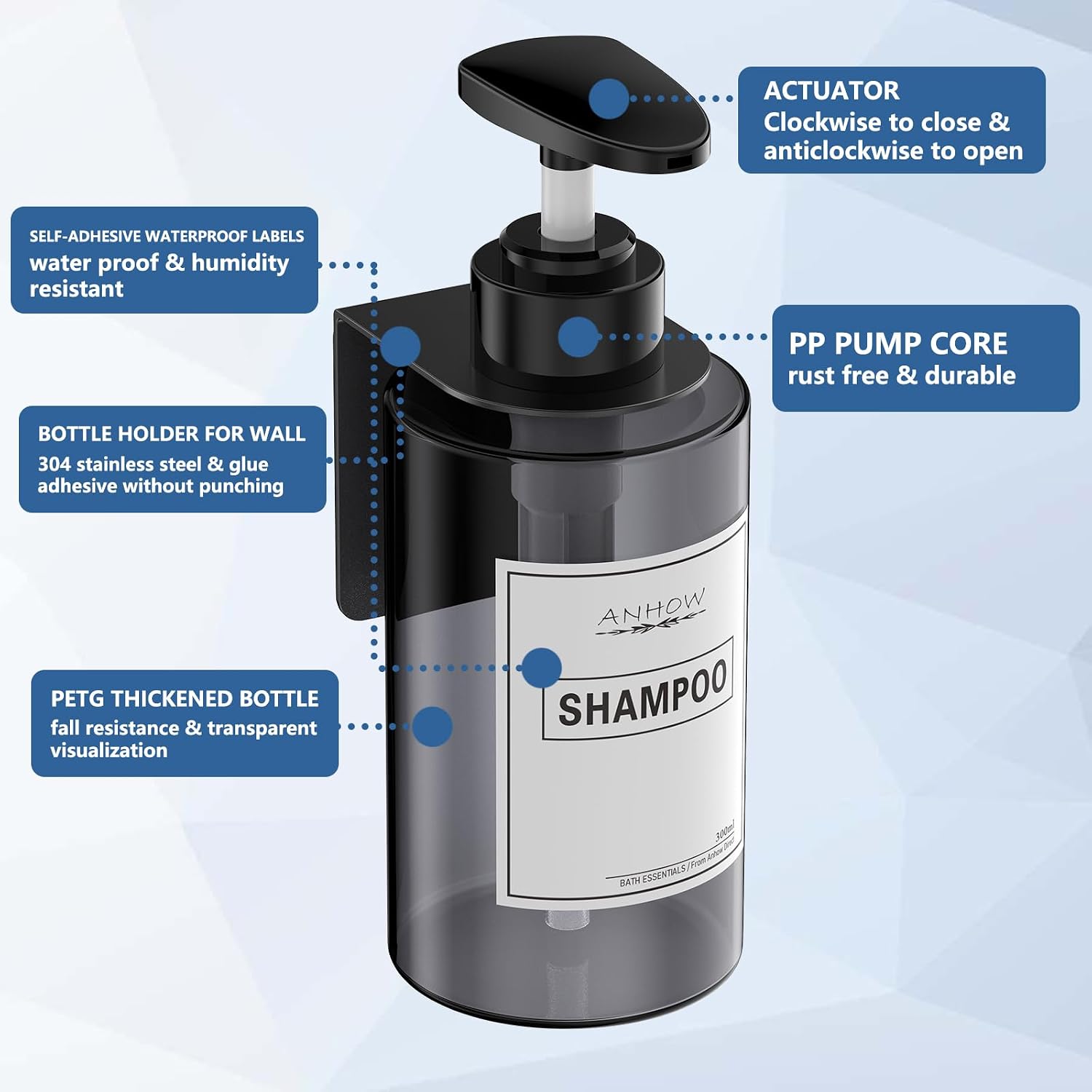 Shampoo and Conditioner Dispenser (Set of 4/10.2oz), No Drill Soap Dispenser Wall Mount Refillable Body Wash Dispenser with Category Labels for Kitchen Bathroom - Gray image 3