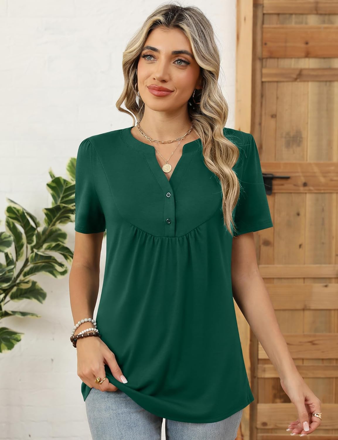 LOMON Womens Short Sleeve Tops Henley V-Neck T-Shirts Casual Pleated Blouses Dressy Loose Summer Clothes 2025 S-XXL - Image 2