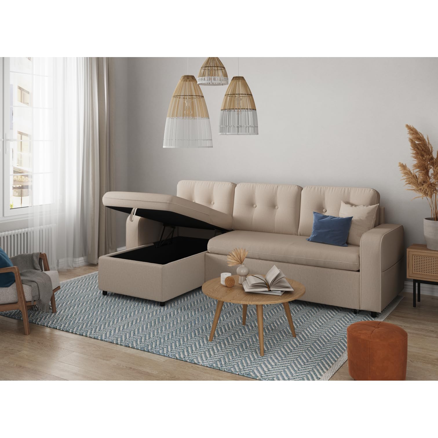 LOUNGITUDE Marius - Canapé d'angle Convertible réversible en Tissu - Beige