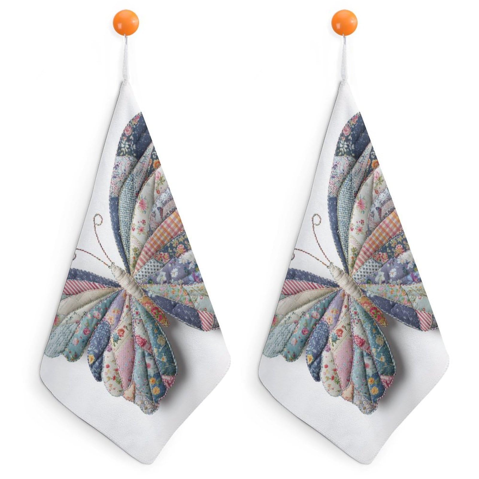 Jubonexis Patchwork Butterfly Fabric Vintage Cottagecore Small Hand Towel with Hanging Loop 2 PCS Absorbent Soft Wash Cloth for Kitchen Bathroom