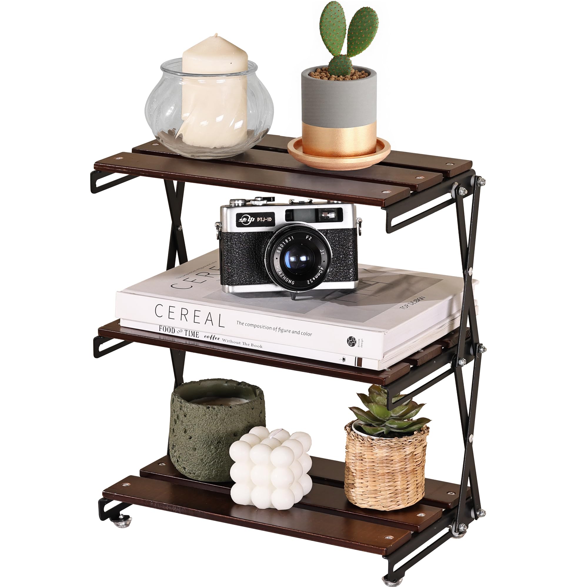 TlaroRiz Desk Shelf Organizer 3 Tiers Wood Compact Desk Organizer Storage Rack Metal Frame Office Desk Shelf Organizers,Walnut